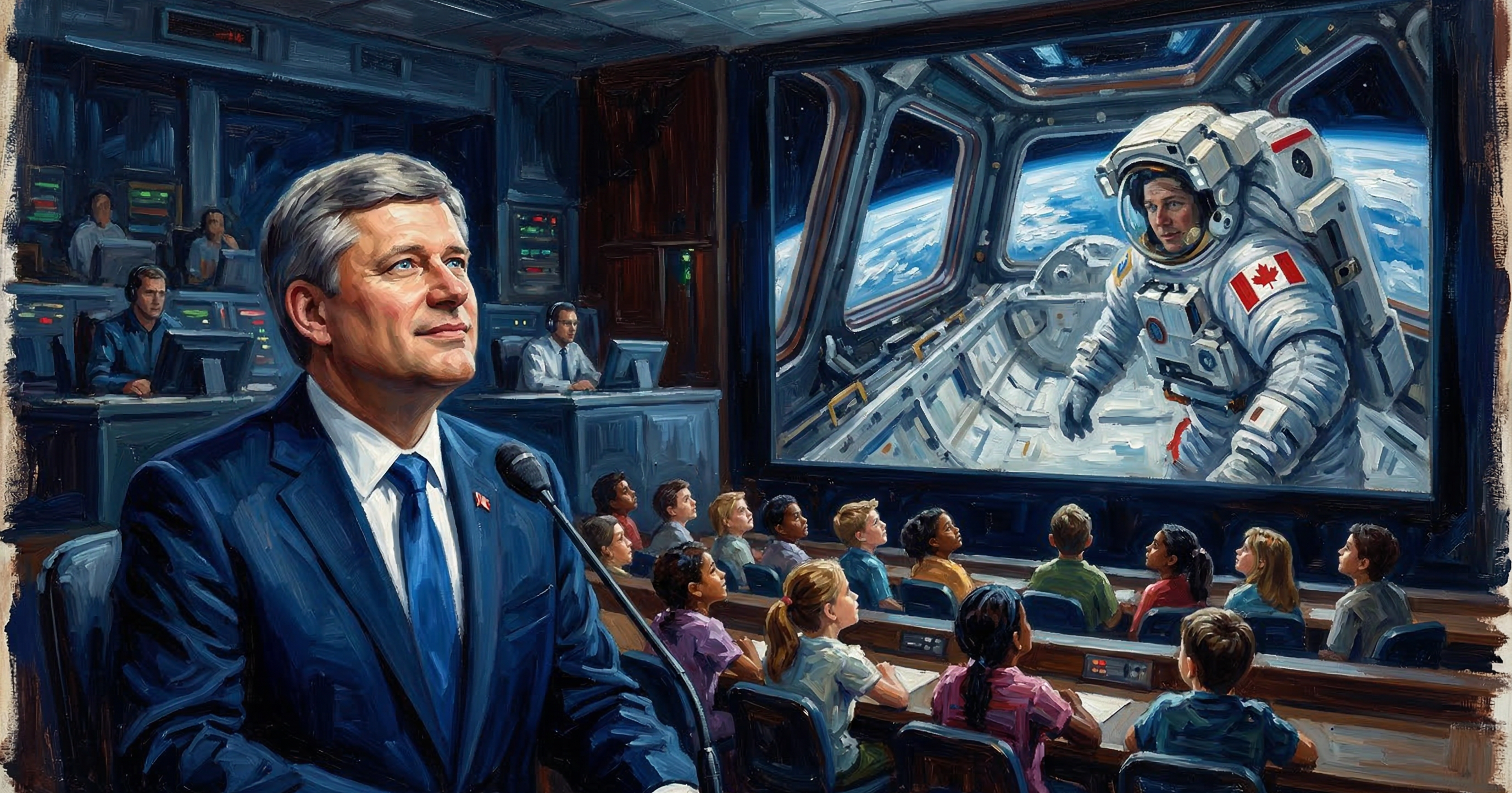 Astronaut Steve Maclean speaks with the PM and schoolchildren