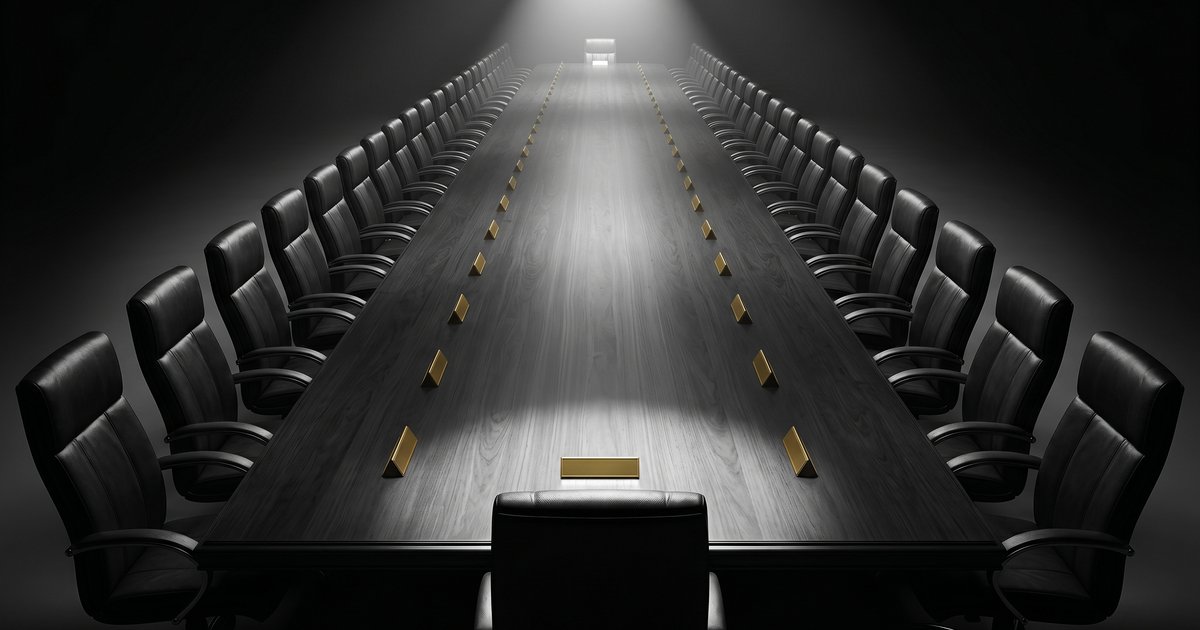 An impossibly long boardroom table with rows of empty leather chairs and gold nameplates receding into shadow