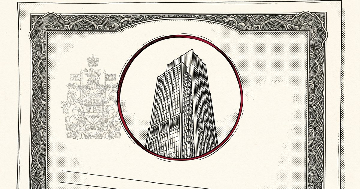 An official Canadian government document with a circular hole cut through the center, revealing a corporate tower behind it