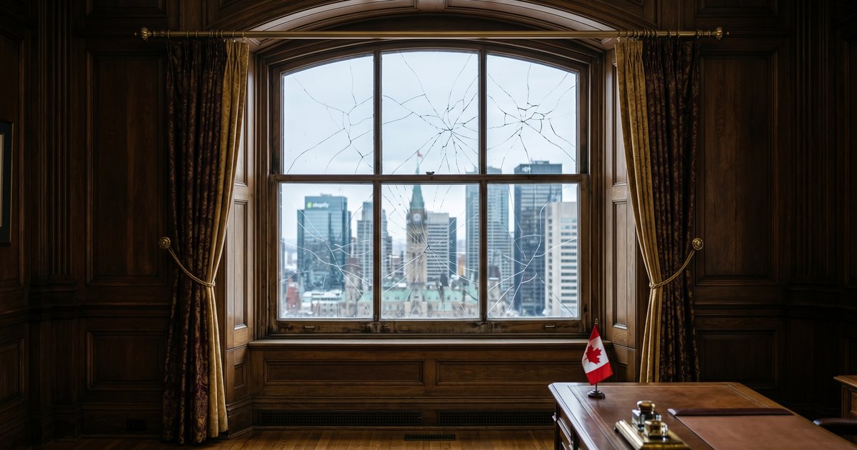 A cracked window in a wood-panelled government office overlooking a city skyline and Parliament Hill