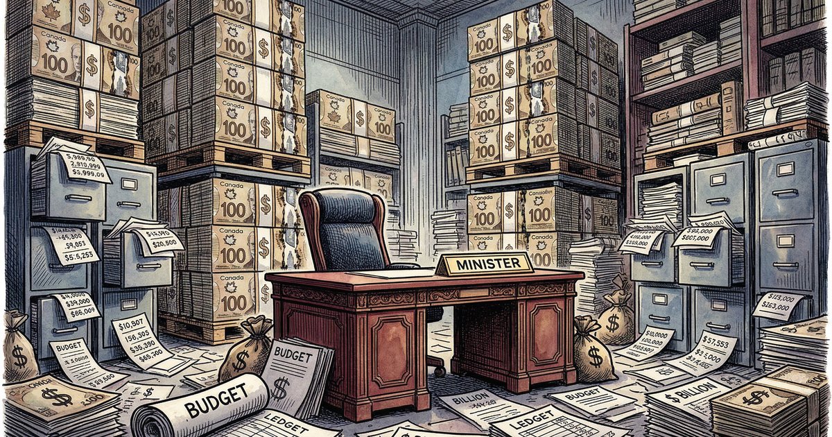 Empty minister's chair surrounded by stacks of money and budget documents