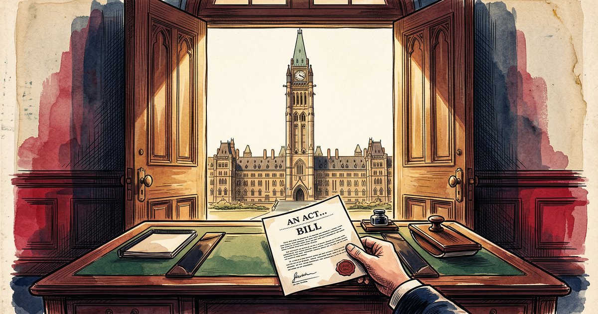 A hand placing a legislative bill on a parliamentary desk with Parliament Hill visible through an open window