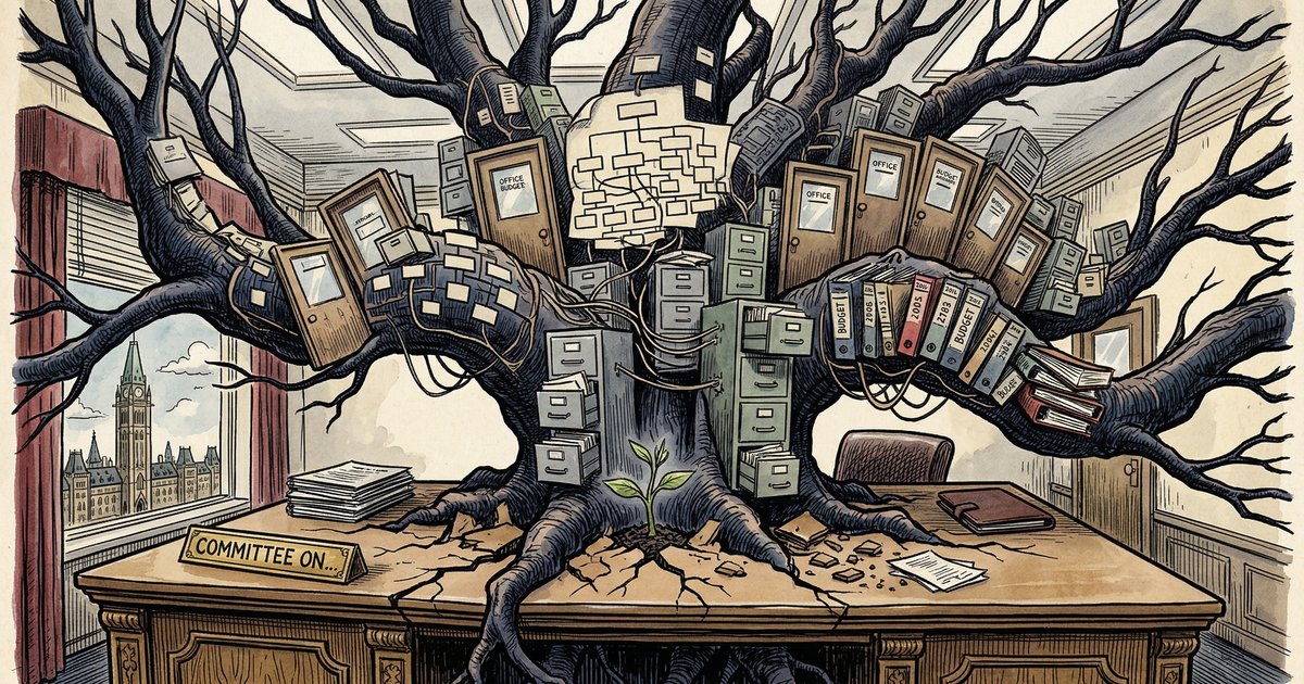 A small seedling on a parliamentary desk growing into a massive tree of filing cabinets, org charts, and budget binders