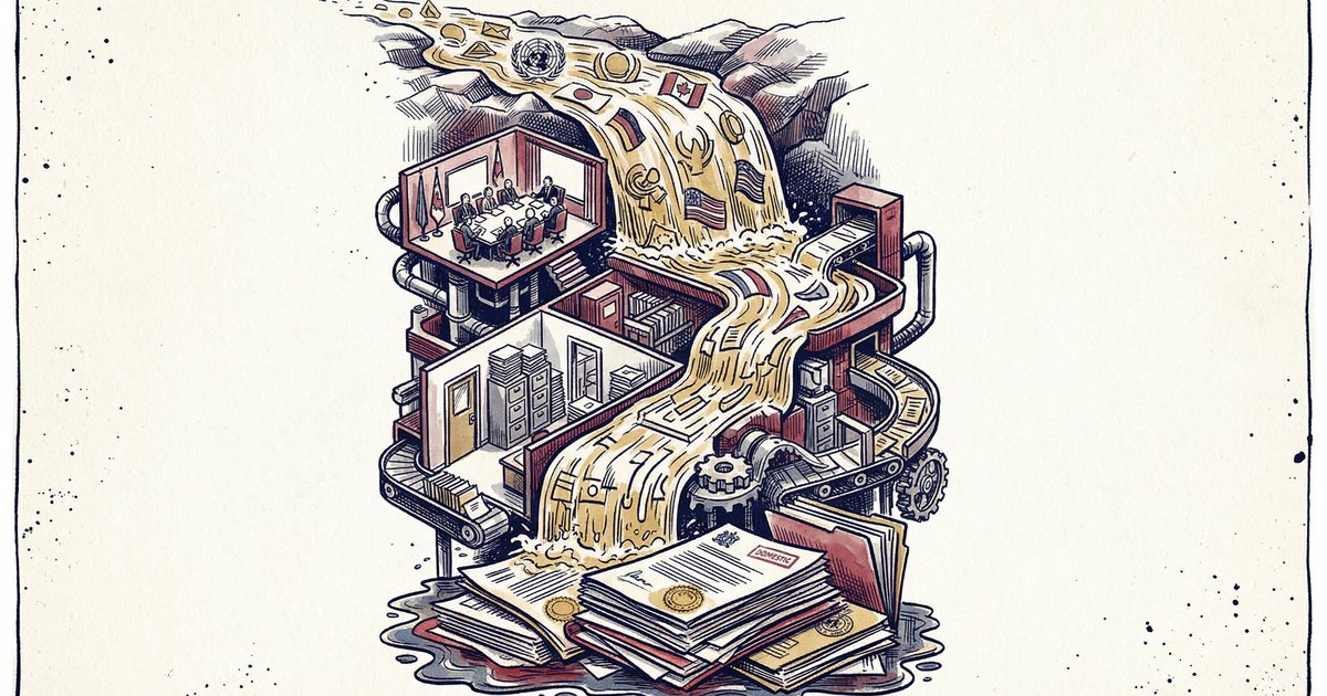 International symbols cascading downward through layers of bureaucratic infrastructure into domestic policy documents