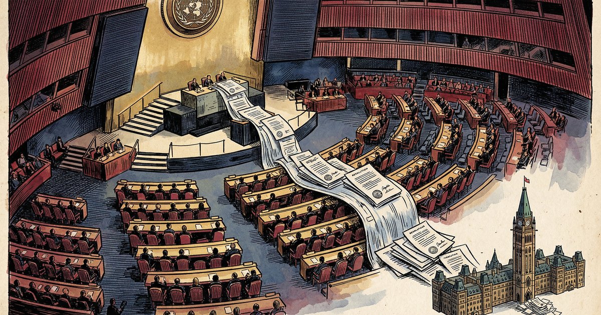 UN General Assembly documents cascading toward the Canadian Parliament building
